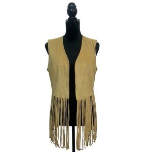 VS2 by Vakko Women's L Beige Boho Faux Suede Fringe   Coachella Festival Vest